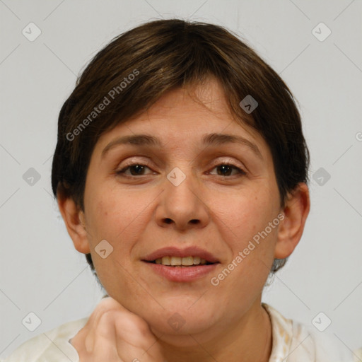 Joyful white adult female with short  brown hair and brown eyes