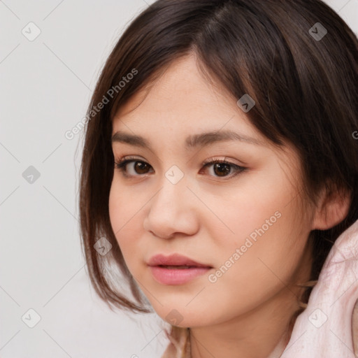 Neutral white young-adult female with medium  brown hair and brown eyes