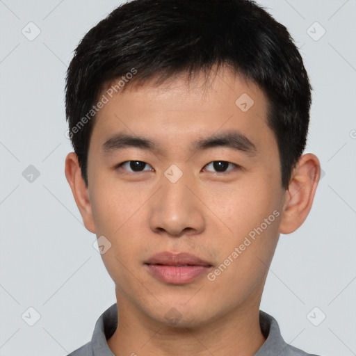 Neutral asian young-adult male with short  black hair and brown eyes