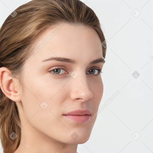 Neutral white young-adult female with long  brown hair and grey eyes