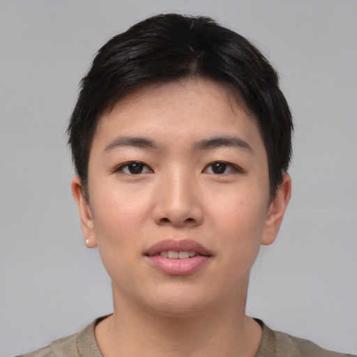Neutral asian young-adult female with short  brown hair and brown eyes