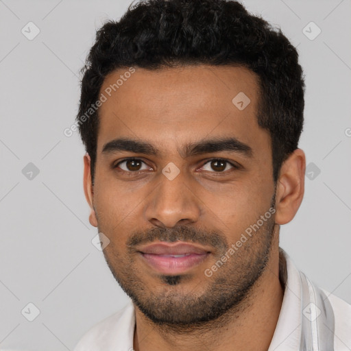 Neutral latino young-adult male with short  black hair and brown eyes