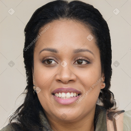 Joyful latino young-adult female with long  black hair and brown eyes