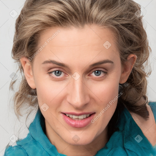 Joyful white young-adult female with medium  brown hair and blue eyes