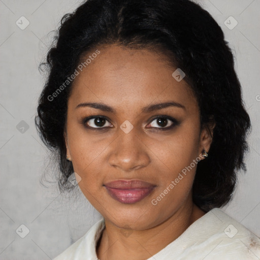 Joyful black young-adult female with medium  black hair and brown eyes