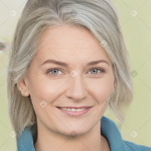 Joyful white young-adult female with medium  brown hair and blue eyes