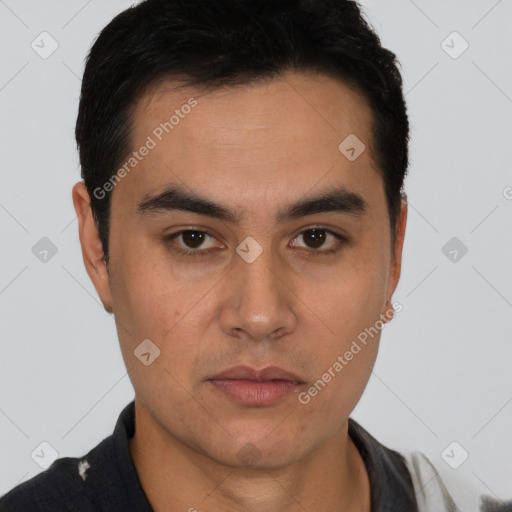 Neutral latino young-adult male with short  black hair and brown eyes