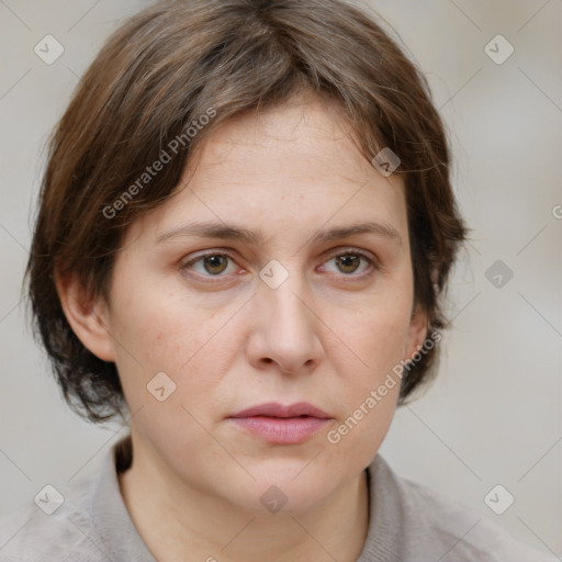 Neutral white young-adult female with medium  brown hair and brown eyes