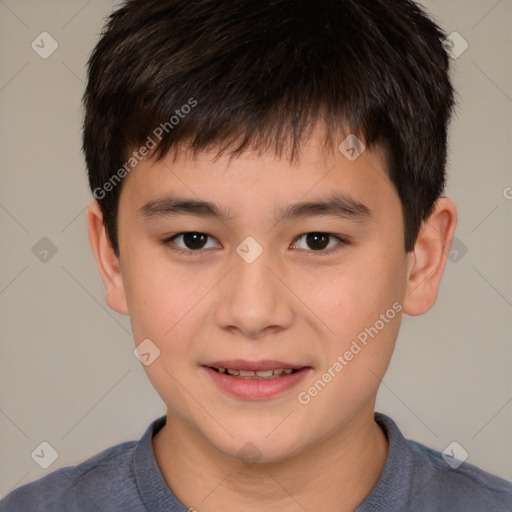 Joyful white child male with short  brown hair and brown eyes