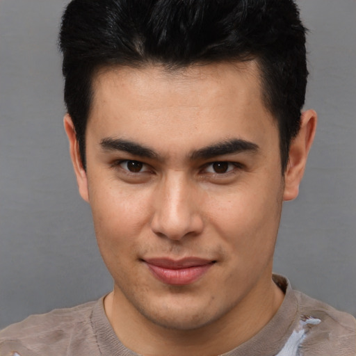 Neutral asian young-adult male with short  brown hair and brown eyes