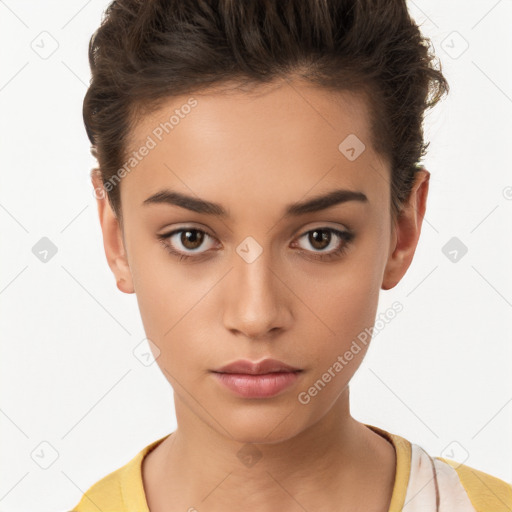 Neutral white young-adult female with short  brown hair and brown eyes