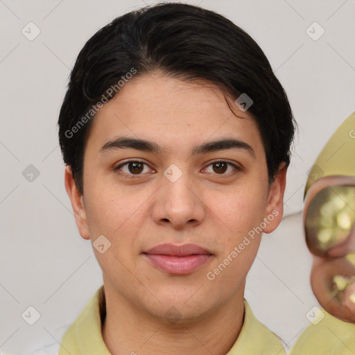 Joyful white young-adult female with short  brown hair and brown eyes