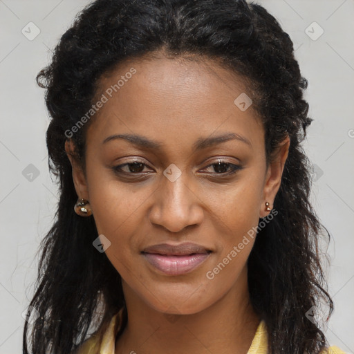 Joyful black young-adult female with long  brown hair and brown eyes