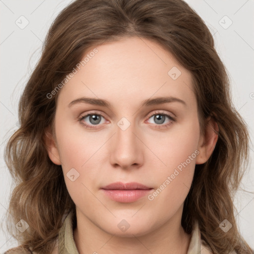 Neutral white young-adult female with long  brown hair and grey eyes