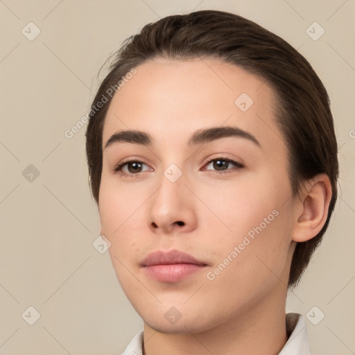 Neutral white young-adult female with medium  brown hair and brown eyes