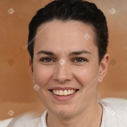 Joyful white adult female with short  brown hair and brown eyes