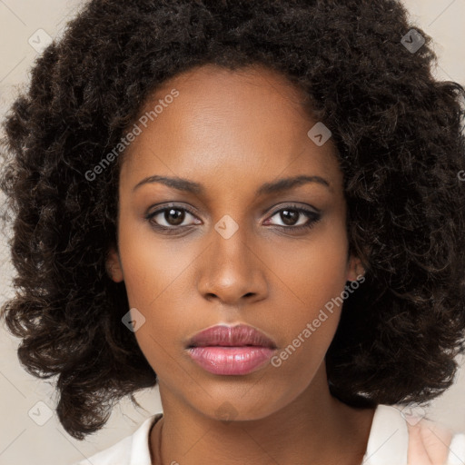 Neutral black young-adult female with medium  brown hair and brown eyes