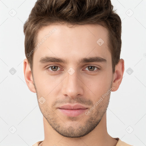 Neutral white young-adult male with short  brown hair and brown eyes