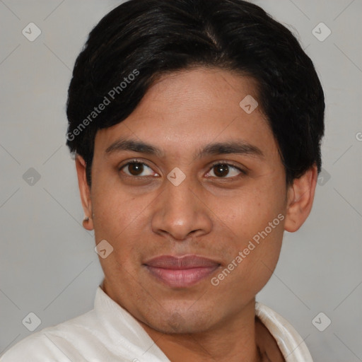 Joyful asian adult male with short  black hair and brown eyes