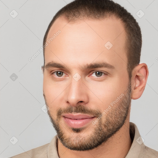 Neutral white young-adult male with short  brown hair and brown eyes