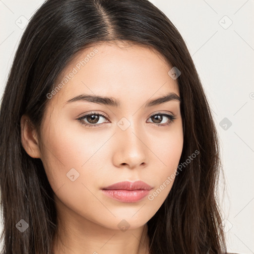 Neutral white young-adult female with long  brown hair and brown eyes