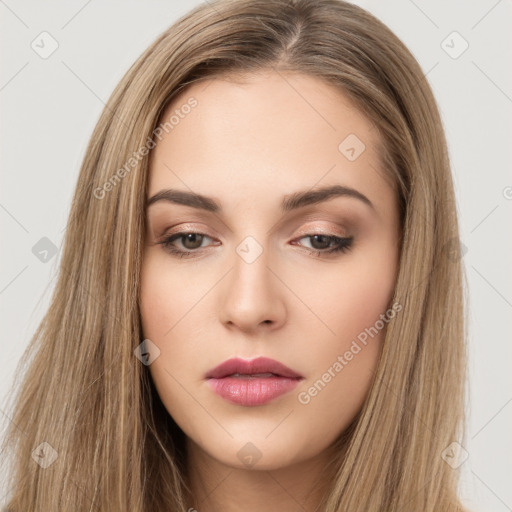 Neutral white young-adult female with long  brown hair and brown eyes