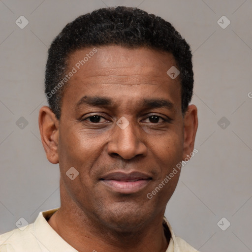 Joyful latino adult male with short  black hair and brown eyes