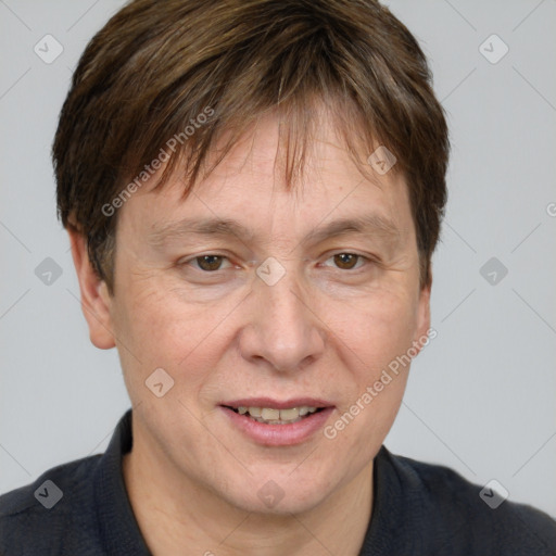 Joyful white adult male with short  brown hair and grey eyes