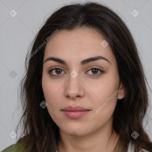 Neutral white young-adult female with long  brown hair and brown eyes