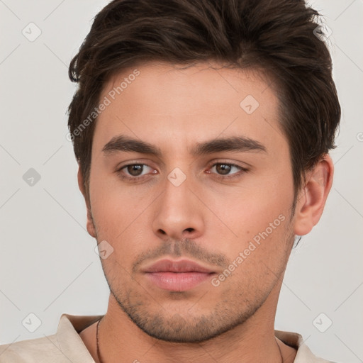 Neutral white young-adult male with short  brown hair and brown eyes