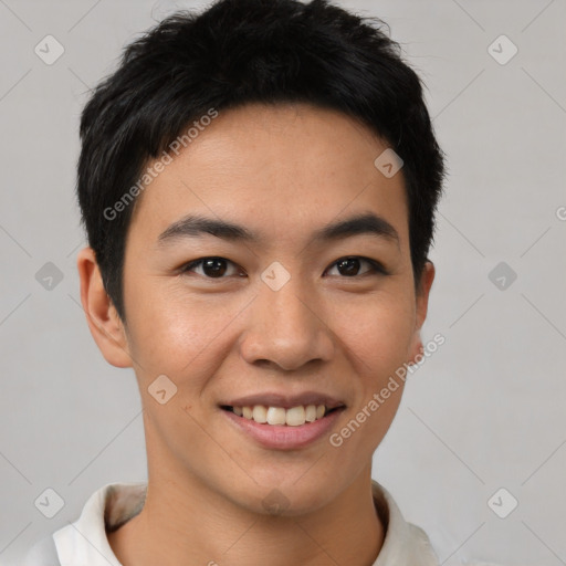 Joyful asian young-adult male with short  brown hair and brown eyes