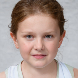 Joyful white child female with medium  brown hair and blue eyes