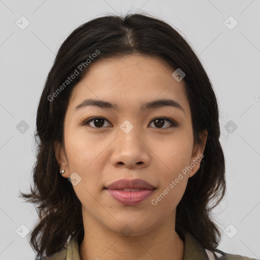 Joyful white young-adult female with medium  brown hair and brown eyes