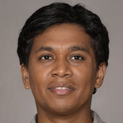 Joyful asian adult male with short  black hair and brown eyes
