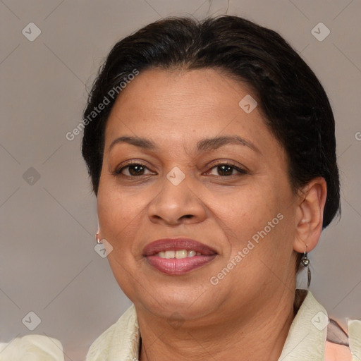 Joyful white adult female with medium  brown hair and brown eyes