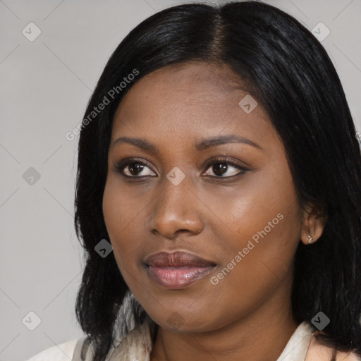 Joyful black young-adult female with medium  black hair and brown eyes