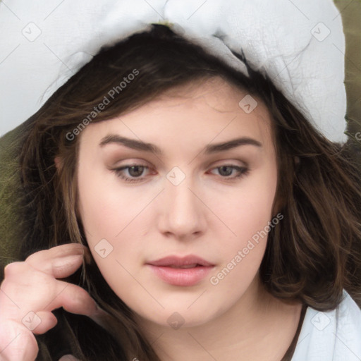 Neutral white young-adult female with long  brown hair and brown eyes