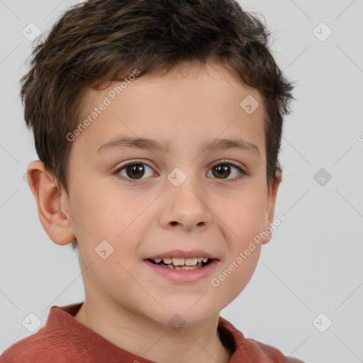 Joyful white child male with short  brown hair and brown eyes