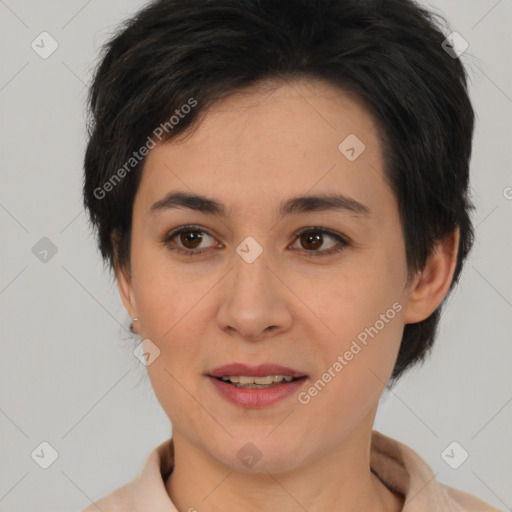 Joyful white young-adult female with medium  brown hair and brown eyes