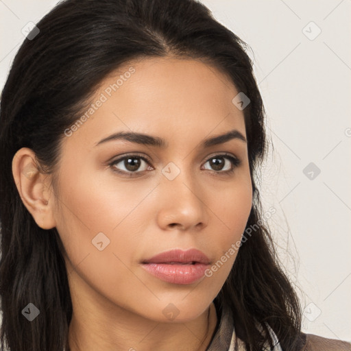 Neutral white young-adult female with long  brown hair and brown eyes