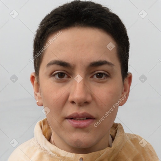 Joyful white young-adult female with short  brown hair and brown eyes