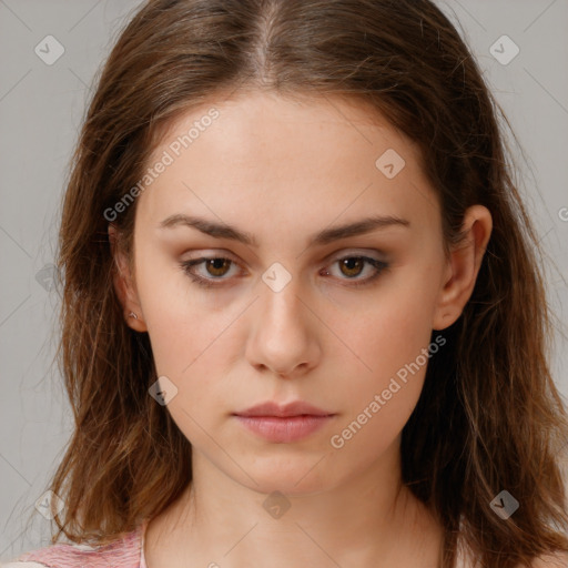 Neutral white young-adult female with long  brown hair and brown eyes