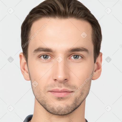 Neutral white young-adult male with short  brown hair and brown eyes