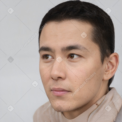 Neutral white young-adult male with short  brown hair and brown eyes