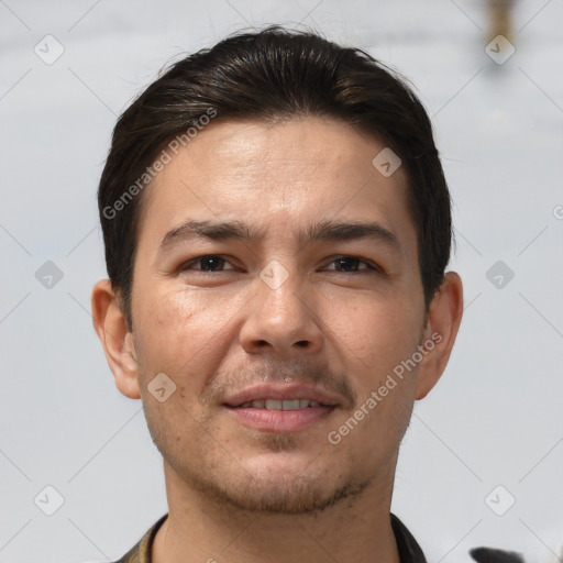 Joyful white young-adult male with short  brown hair and brown eyes