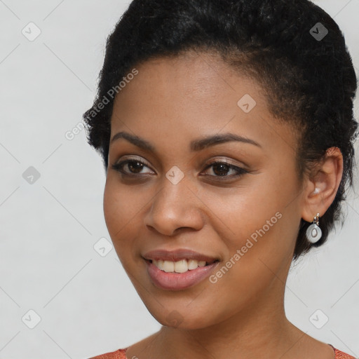 Joyful latino young-adult female with short  black hair and brown eyes