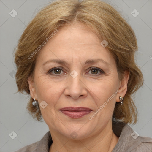 Joyful white adult female with medium  brown hair and brown eyes