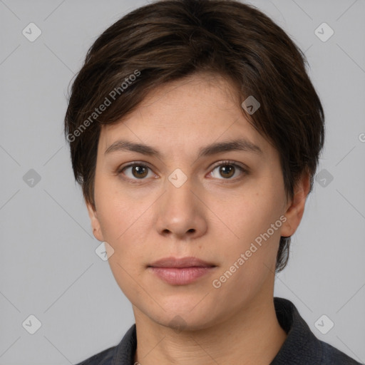 Neutral white young-adult female with medium  brown hair and brown eyes