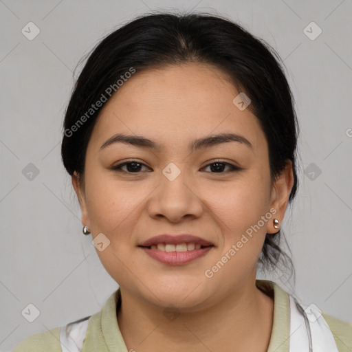 Joyful latino young-adult female with medium  brown hair and brown eyes