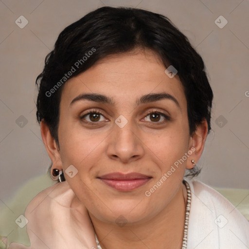 Joyful latino young-adult female with short  brown hair and brown eyes